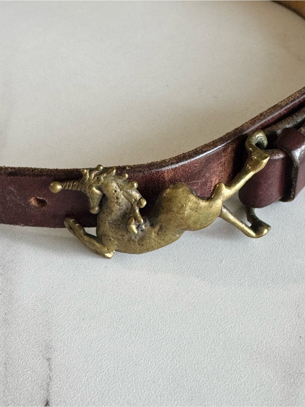 Vintage 1980 Carl Tasha Unicorn Brass Buckle Leather Belt Signed Rare